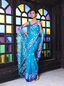 CHARUKRITI - Turquoise Muslin Jamdani Designs Saree with Unstitched Blouse