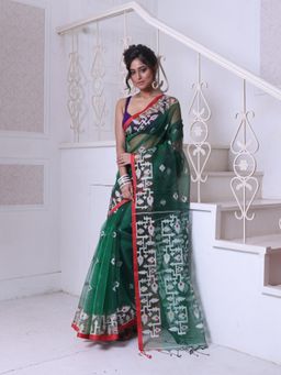 CHARUKRITI - Green Muslin Jamdani Designs Saree with Unstitched Blouse