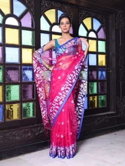 CHARUKRITI - Fuchsia Muslin Jamdani Designs Saree with Unstitched Blouse