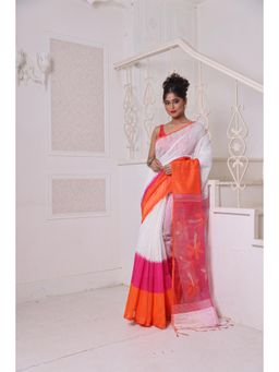 CHARUKRITI - Off White and Orange Matka Soft Resham Pallu Saree with Unstitched Blouse