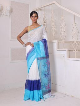 CHARUKRITI - Off White and Blue Matka Soft Resham Pallu Saree with Unstitched Blouse