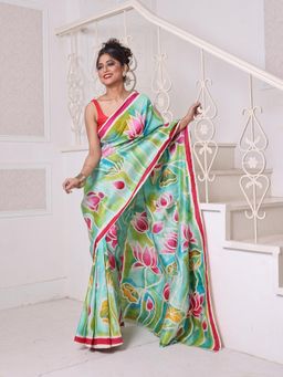CHARUKRITI - Sea Green Lotus Hand Painted Pure Silk Handwoven Soft Saree with Unstitched Blouse