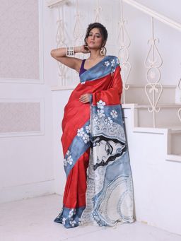 CHARUKRITI - Red Radha Krishna Hand Painted Pure Silk Handwoven Soft Saree with Unstitched Blouse