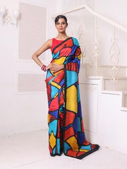 CHARUKRITI - Multi-Color Abstract Hand Painted Pure Silk Handwoven Soft Saree with Unstitched Blouse
