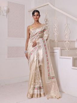 CHARUKRITI - Beige All Over Thread Embroidery Tissue Zari Border Saree with Unstitched Blouse