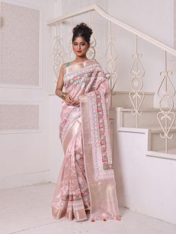 CHARUKRITI - Nude Pink All Over Thread Embroidery Tissue Zari Border Saree with Unstitched Blouse