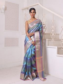 CHARUKRITI - Teal Dual Tone Tissue Zari Border Saree with Unstitched Blouse