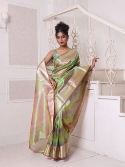 CHARUKRITI - Green Dual Tone Tissue Zari Border Saree with Unstitched Blouse