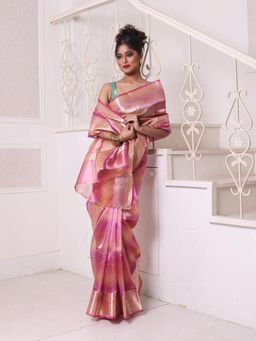 CHARUKRITI - Pink Dual Tone Tissue Zari Border Saree with Unstitched Blouse