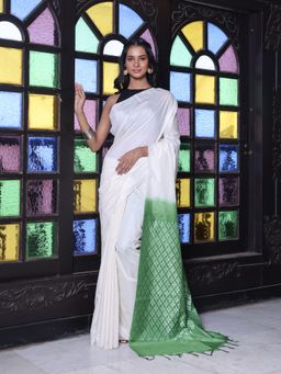 CHARUKRITI - Stripes Pattern Off White and Green Silk Soft Saree with Unstitched Blouse