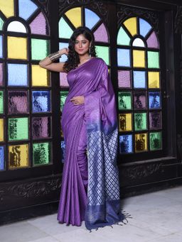 CHARUKRITI - Stripes Pattern Violet Silk Soft Saree with Unstitched Blouse