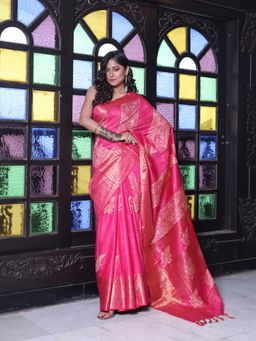 CHARUKRITI - Zari Border Fuchsia Silk Soft Saree with Unstitched Blouse