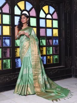 CHARUKRITI - Zari Border Sap Green Silk Soft Saree with Unstitched Blouse