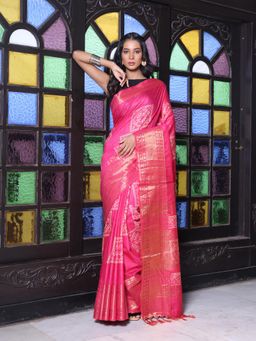 CHARUKRITI - Zari Border Pink Silk Soft Saree with Unstitched Blouse