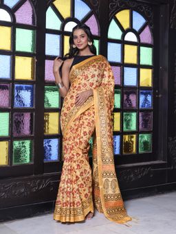CHARUKRITI - Printed Borders Yellow Silk Soft Saree with Unstitched Blouse