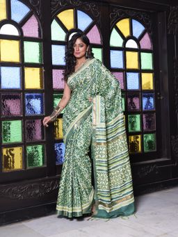CHARUKRITI - Printed Borders Green Silk Soft Saree with Unstitched Blouse