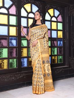CHARUKRITI - Printed Borders Yellow Silk Soft Saree with Unstitched Blouse