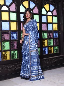 CHARUKRITI - Zari Border Navy Blue Silk Soft Saree with Unstitched Blouse