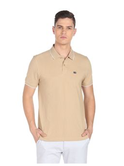 Arrow Sports - Men Beige Tipped Collar Solid Polo T-Shirt