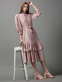 SHOWOFF - Womens High Neck Floral Pink Midi Dress (Set of 2)