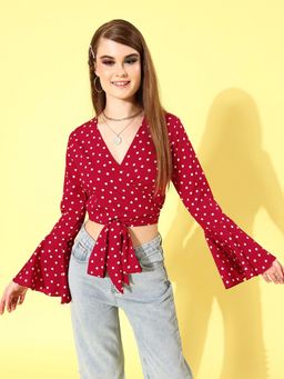 Style Quotient - Women Red Polka Dotted Twist & Knot Crop Top