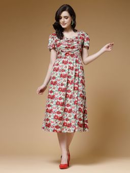 Indibelle - Red Floral Print Rayon Dress