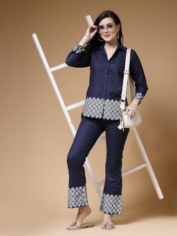Indibelle - Navy Blue Denim Printed Shirt and Pant Co-ord (Set of 2)