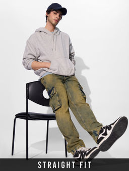 The Souled Store - Denim Washed Green Straight Fit Men Cargo Jeans