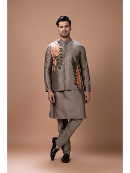 PRIYANKA HARALALKA - Metallic Fawn Kurta with Bundi and Pyjama Set