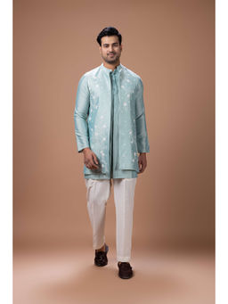 PRIYANKA HARALALKA - Aqua Blue Kurta with Bundi and Pyjama Set