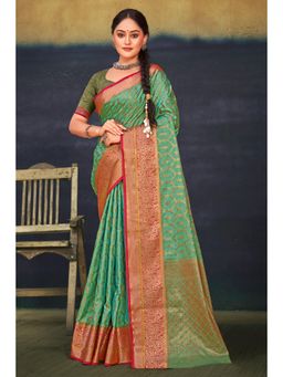 EXCLUSIVA - Green Cotton Banarasi Saree with Unstitched Blouse