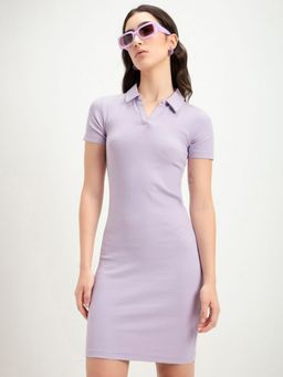 Bewakoof - Women's Purple Johnny Collar Slim Fit Ribbed Dress