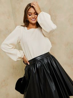 Styli - Cream Square Neck Textured Regular Length Boxy Fit Blouse