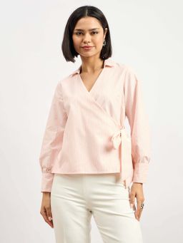 SALT Attire - Peach Striped Wrap Shirt Style Top