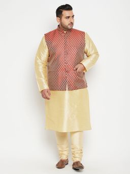 Vastramay - Men Gold Silk Blend Jacket Kurta Churidar