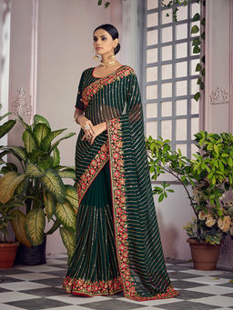 Odette - Bottle Green Georgette Sequin Saree with Unstitched Blouse