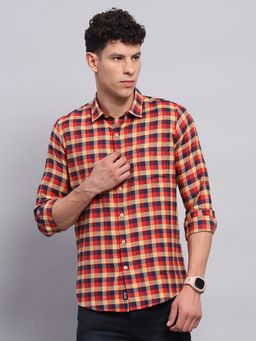 Monte Carlo - Men Checkered Red Collar Neck Full Sleeve Shirt