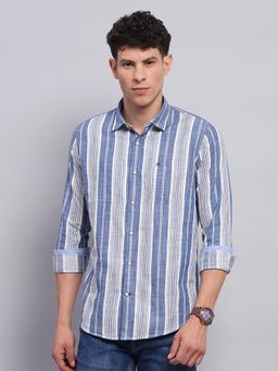 Monte Carlo - Men Striped Blue Collar Neck Full Sleeve Shirt