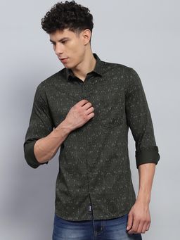 Monte Carlo - Men Printed Green Collar Neck Full Sleeve Shirt