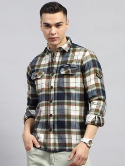 Monte Carlo - Men Checkered Olive Collar Neck Full Sleeve Shirt
