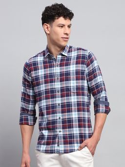Monte Carlo - Men Checkered Blue Collar Neck Full Sleeve Shirt