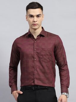 Monte Carlo - Men Maroon Self Design Collar Neck Full Sleeve Shirt