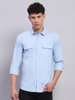 Monte Carlo - Men Solid Blue Collar Neck Full Sleeve Shirt