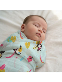 Smiley Buttons - Blue Single Weave Muslin Swaddle