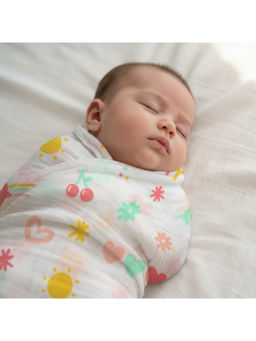 Smiley Buttons - White Unisex Single Weave Muslin Swaddle