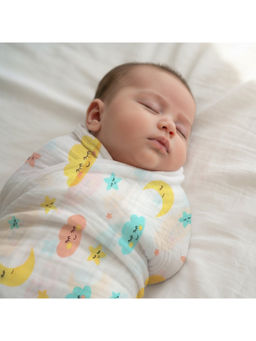 Smiley Buttons - White Unisex Single Weave Muslin Cotton Swaddle