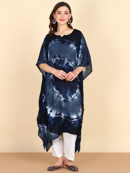 Maaesa - Women Navy Blue Tie and Dye Crepe Round Neck Kaftan Kurta