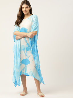 Maaesa - Women White- Blue Tie and Dye Crepe Kaftan Dress