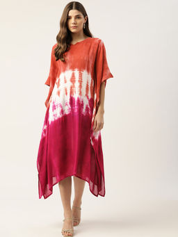 Maaesa - Women Red- Pink Tie and Dye Crepe Kaftan Dress