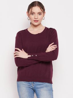 Madame - Side Slit Button Accented Ribbed Wine Sweater for Women